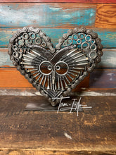 Load image into Gallery viewer, Owl Theme Pieces of the Heart reclaimed metals handcrafted welded metal art piece
