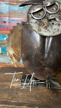 Load image into Gallery viewer, Spotty the Shovel Owl repurposed reclaimed metals art piece
