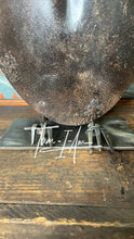 Load image into Gallery viewer, Spotty the Shovel Owl repurposed reclaimed metals art piece
