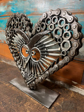 Load image into Gallery viewer, Owl Theme Pieces of the Heart reclaimed metals handcrafted welded metal art piece
