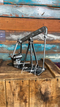 Load image into Gallery viewer, Oilfield Pump Jack desktop welded reclaimed metals art piece handcrafted by Tammy Lee
