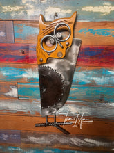 Load image into Gallery viewer, Handsaw owl reclaimed metals welded art handcrafted by Artist Tammy Lee
