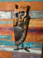 Load image into Gallery viewer, Handsaw owl reclaimed metals welded art handcrafted by Artist Tammy Lee
