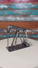 Load and play video in Gallery viewer, Oilfield Pump Jack desktop art piece repurposed reclaimed metals welded and handcrafted by Tammy Lee
