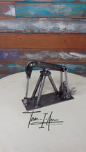 Load and play video in Gallery viewer, Oilfield Pump Jack welded reclaimed metals art piece, desktop size, handcrafted by Tammy Lee
